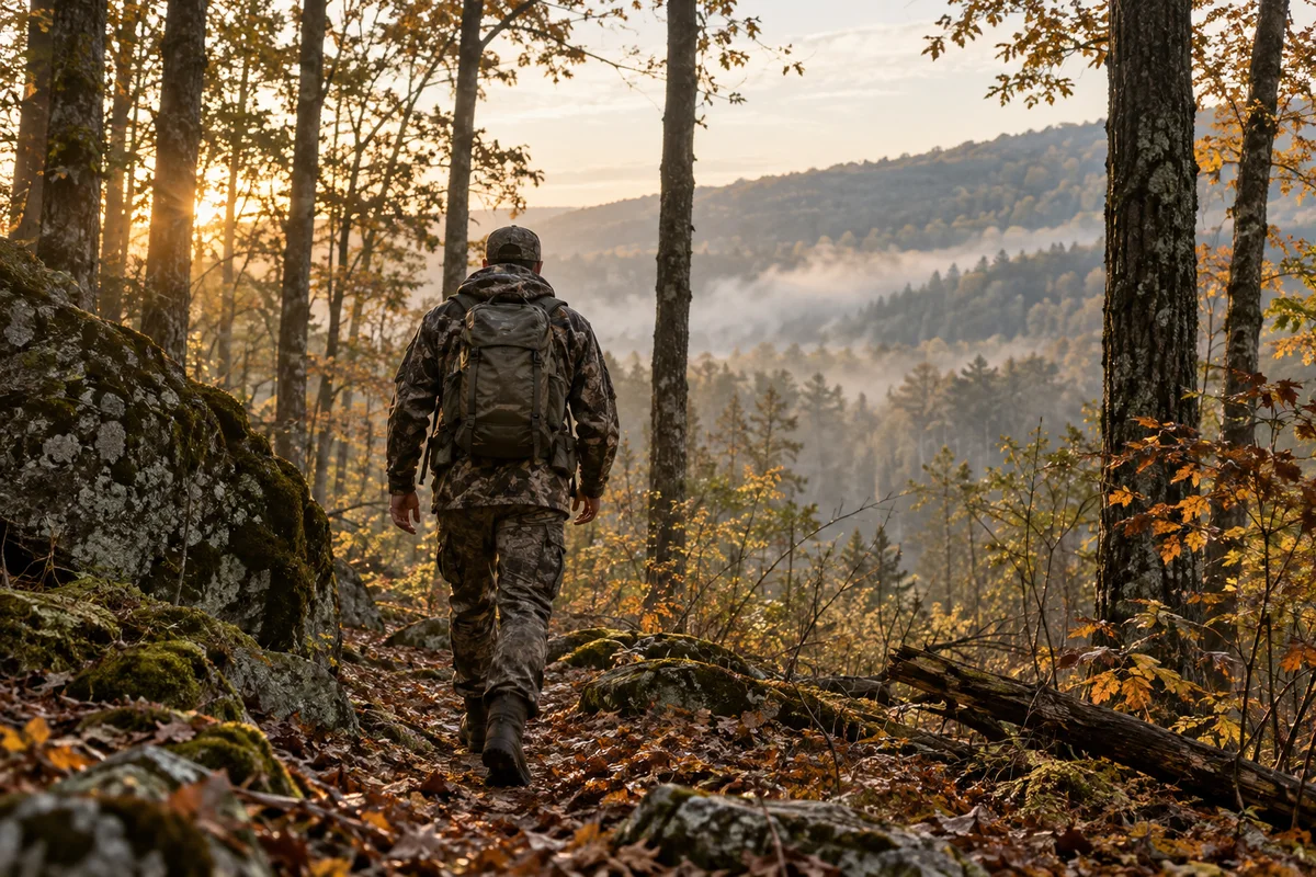 Hunter carrying a backpack through an autumn forest at sunrise